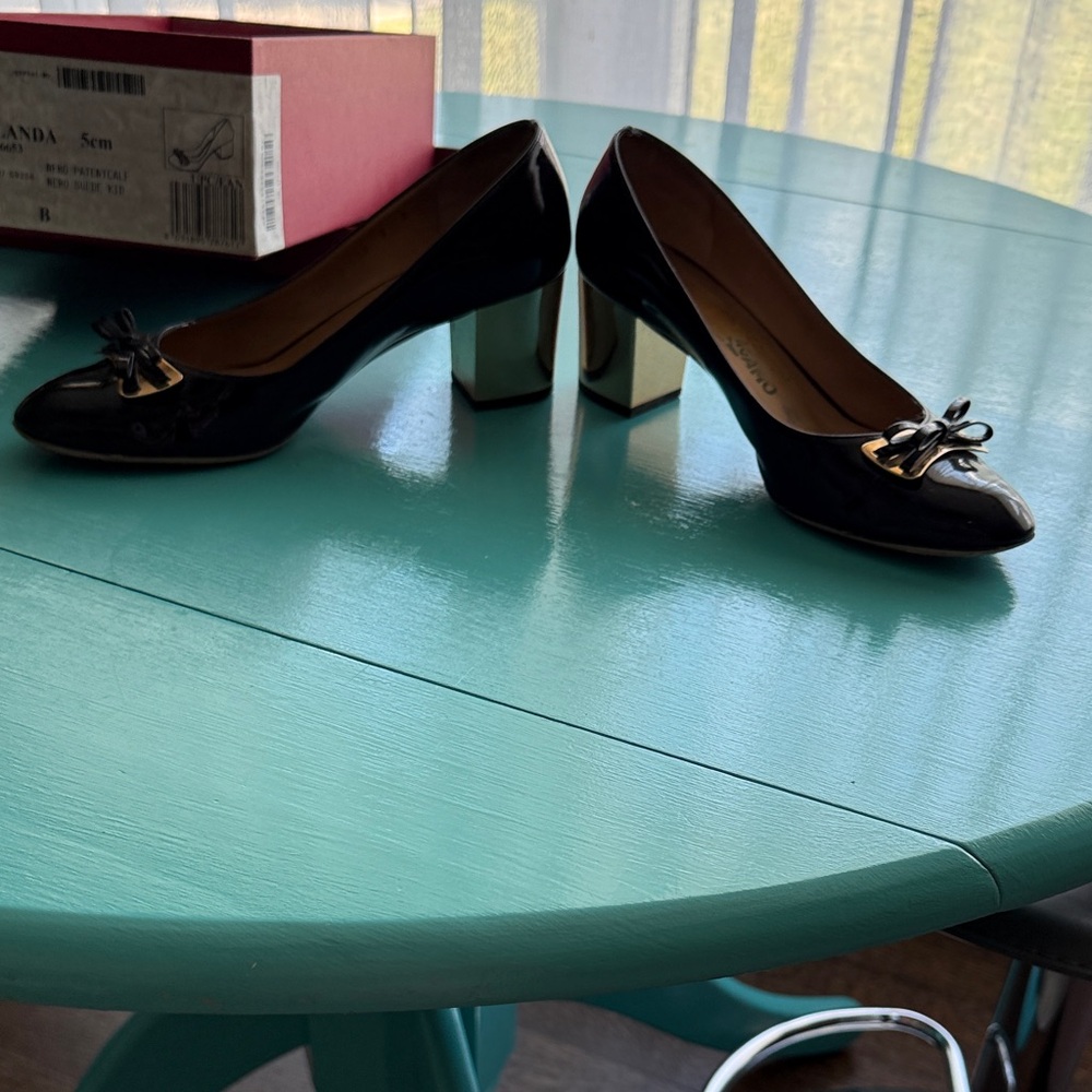 Salvatore Ferragamo Black Heels with Gold Accent - Picture 7 of 8